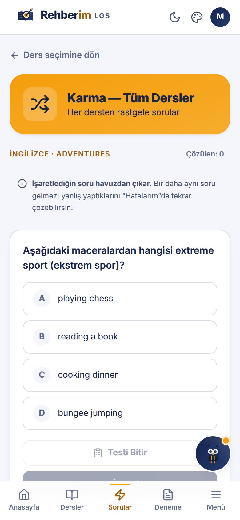 Hızlı Sorular ekranı